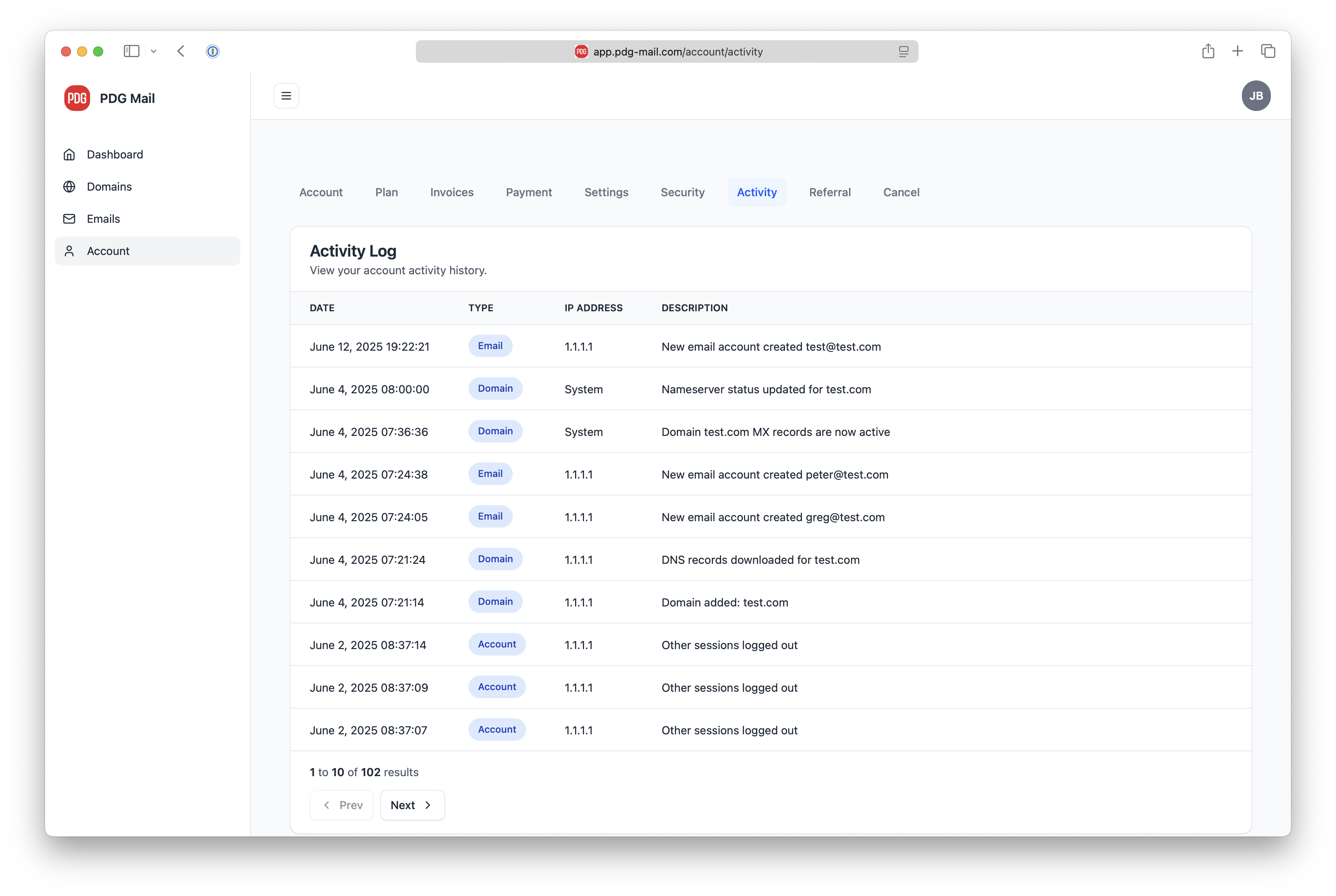 Account Activity Log