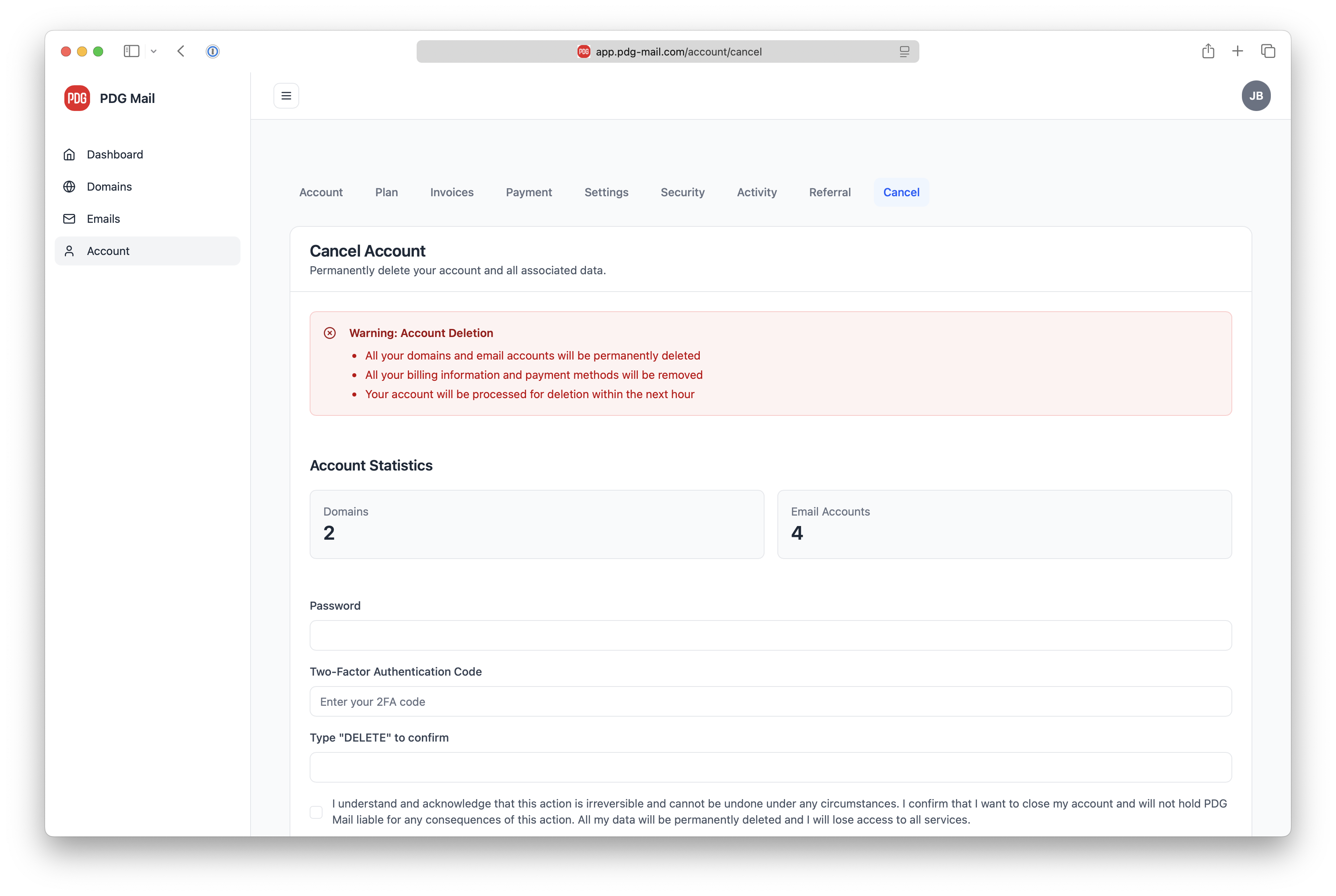 Account Cancellation Page