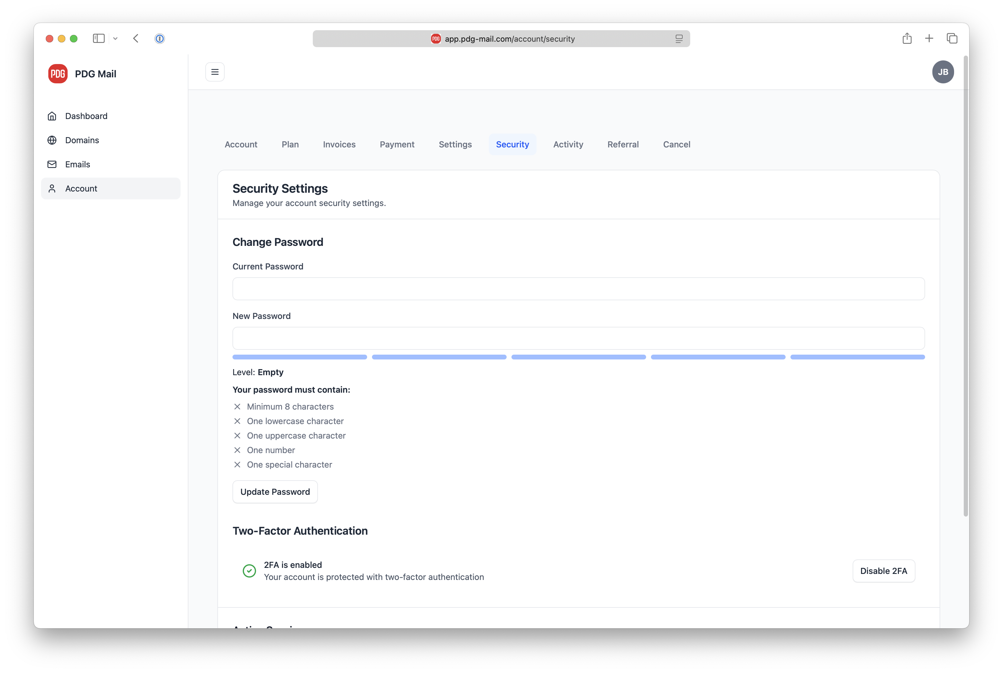 Security Settings Page
