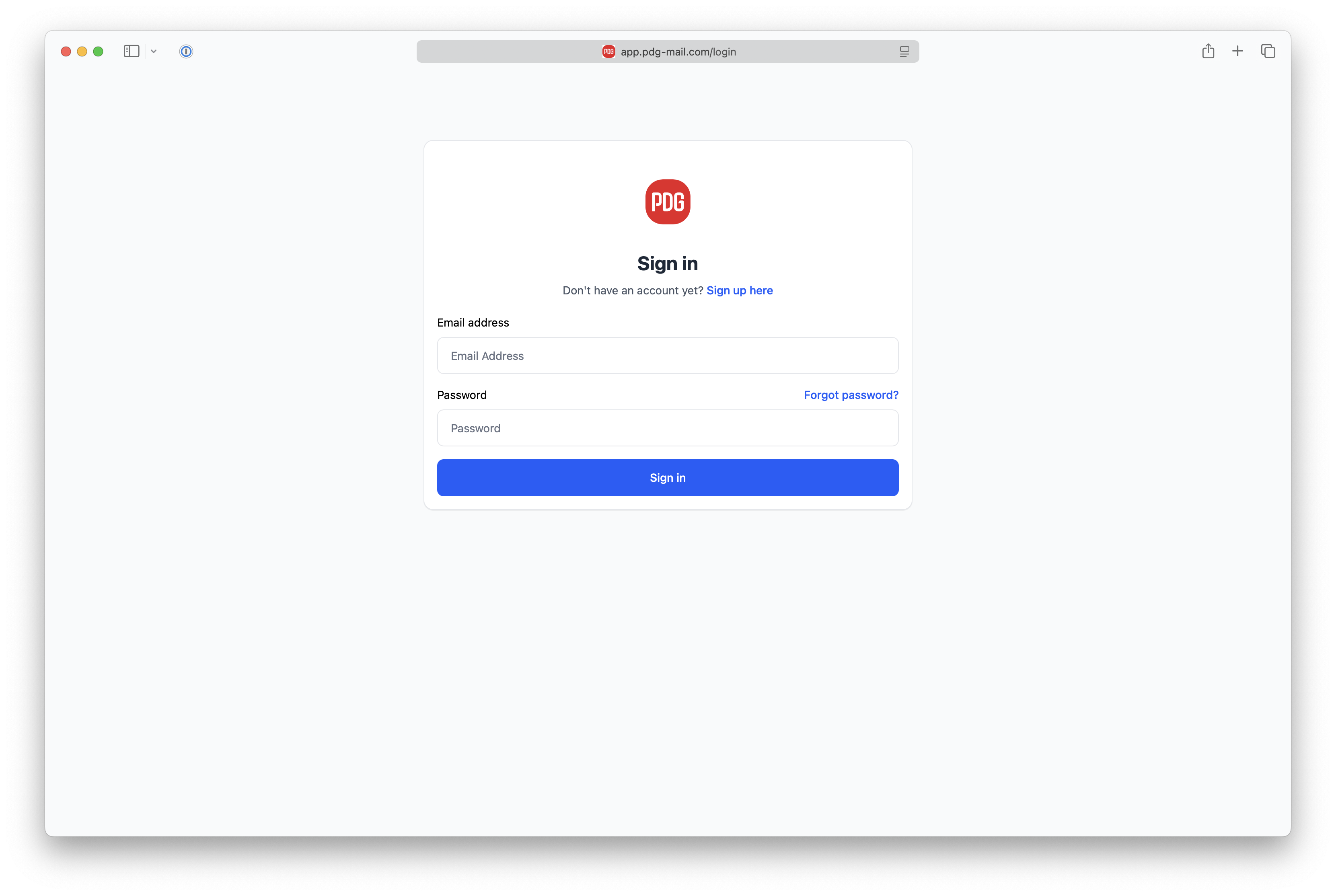 PDG Mail Login Screen