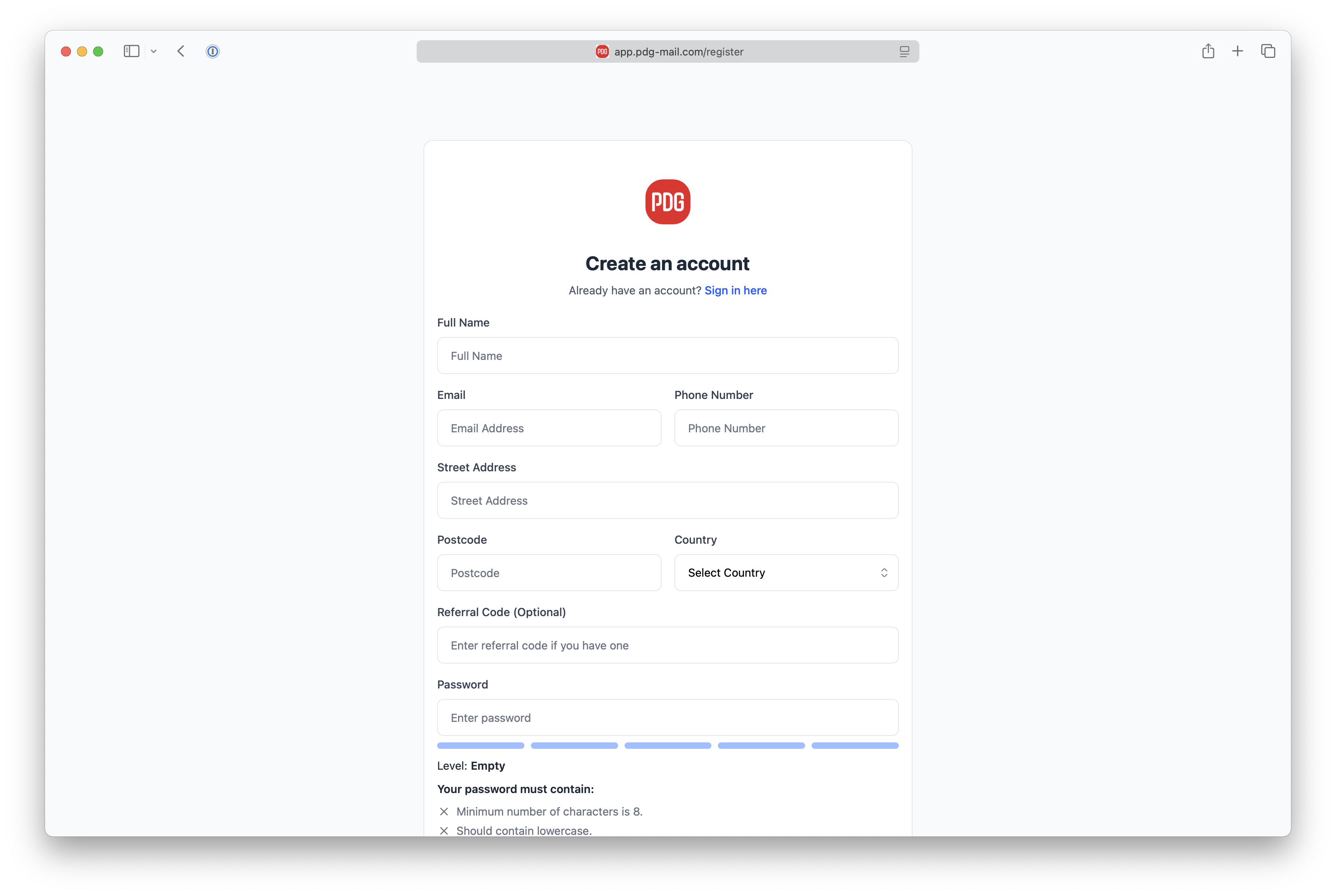 PDG Mail Registration Page